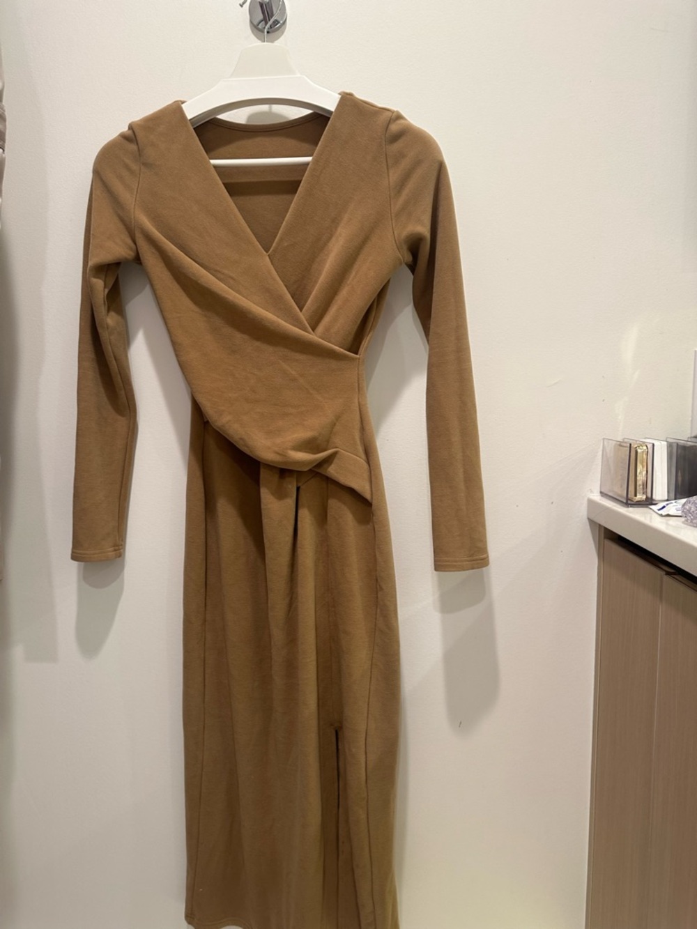Women's Wrap-Style Long Sleeve Dress in Camel